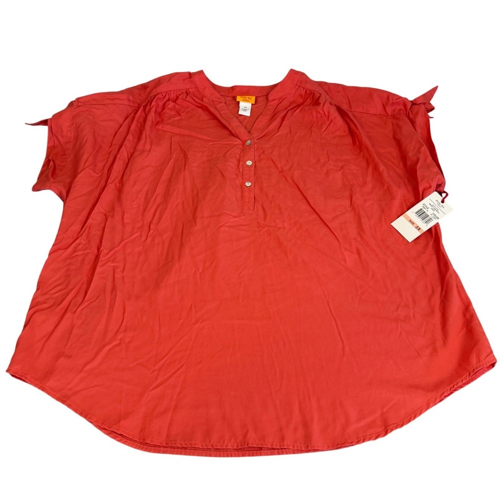 Ruby Rd Woman Coral Red Tencel Lyocell Tie Sleeve Blouse Top 2X NWT 58846 N2